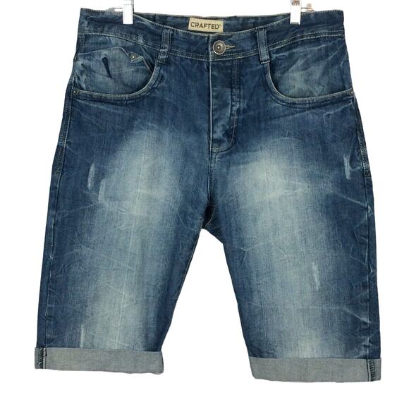 Crafted Men’s Denim Shorts Size 32 Distressed Button Fly Cuffed Pockets Walking - Picture 2 of 12